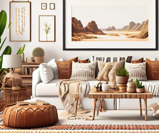 Stylish scandinavian living room with design mint sofa, furnitures, mock up poster map, plants and elegant personal accessories. Modern home decor. Bright and sunny room. Generative AI illustration