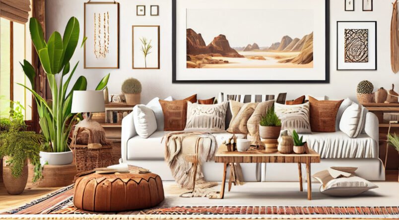 Stylish scandinavian living room with design mint sofa, furnitures, mock up poster map, plants and elegant personal accessories. Modern home decor. Bright and sunny room. Generative AI illustration